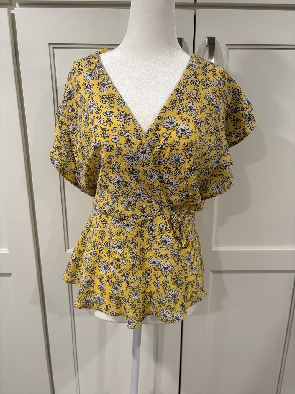 Yellow Floral V-Neck Ruffle Sleeve Top by Monteau Los Angeles